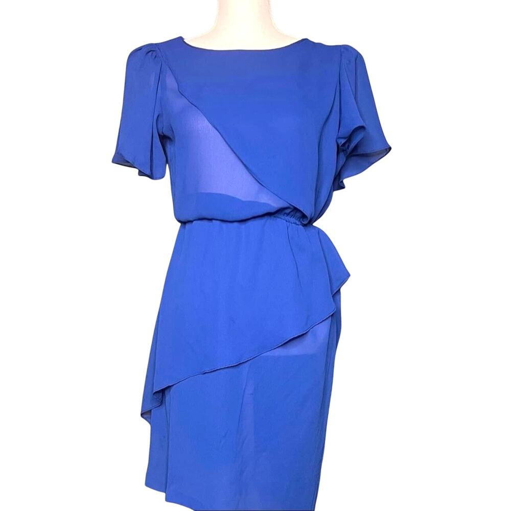 Vintage 70s Peplum Dress Sheena Size XS Blue Sheer Chiffon Ruffle Disco Career